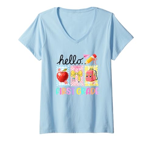Damen Hello First Grade Apple Pencil Rucksack T-Shirt mit V-Ausschnitt Damen Hello First Grade Apple Pencil Rucksack T-Shirt mit V-Ausschnitt von Back To School Apple Pencil Backpack