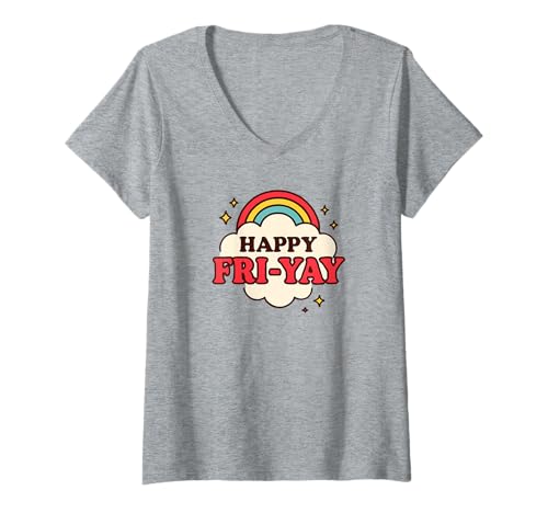 Damen Happy Fri-Yay Friday Lover Friyay T-Shirt mit V-Ausschnitt von Back To School Boys & Girls Co.