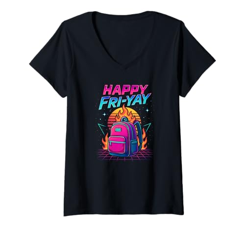 Damen Happy Fri-Yay Friday Lover Friyay T-Shirt mit V-Ausschnitt von Back To School Boys & Girls Co.