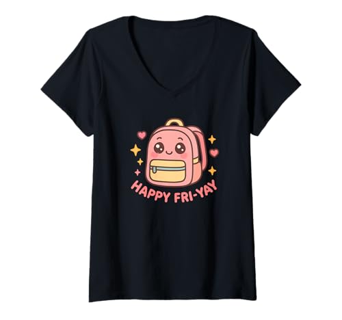 Damen Happy Fri-Yay Friday Lover Friyay T-Shirt mit V-Ausschnitt von Back To School Boys & Girls Co.