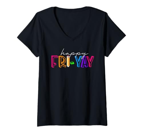 Damen Happy Fri-Yay Friday Lover Friyay T-Shirt mit V-Ausschnitt von Back To School Boys & Girls Co.