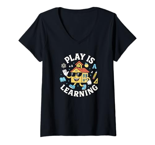 Damen Play is Learning Vorschule Pre-K Kindergartenlehrer T-Shirt mit V-Ausschnitt von Back To School Boys & Girls Co.