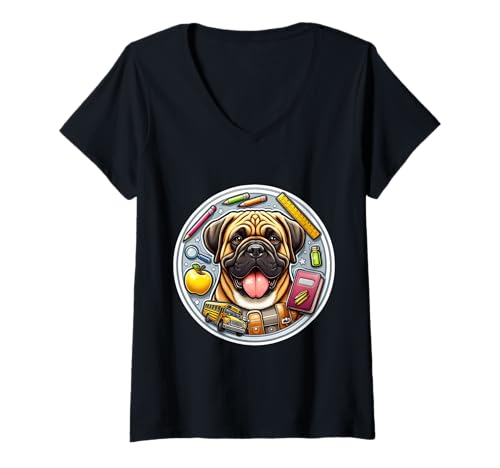 Damen Schulanfang Bullmastiff Hund Jungen Mädchen Besitzer Schüler Kinder T-Shirt mit V-Ausschnitt Damen Schulanfang Bullmastiff Hund Jungen Mädchen Besitzer Schüler Kinder T-Shirt mit V-Ausschnitt von Back To School Bullmastiff Dog Products