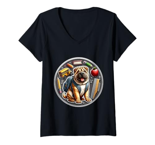 Damen Chinesischer Shar-Pei-Hund, Jungen, Mädchen, Besitzer, Schüler T-Shirt mit V-Ausschnitt von Back To School Chinese Shar-Pei Dog Products