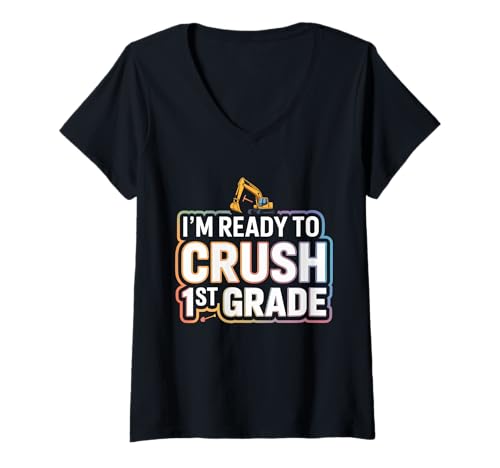 Damen I'm Ready To Crush 1. Klasse Bagger Baufahrzeug T-Shirt mit V-Ausschnitt von Back To School Excavators Construction Boys Design