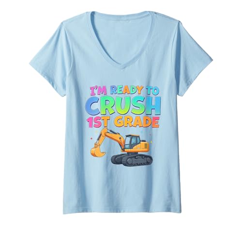 Damen I'm Ready To Crush 1. Klasse Bagger Baufahrzeug T-Shirt mit V-Ausschnitt von Back To School Excavators Construction Boys Design