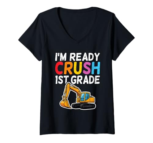 Damen I'm Ready To Crush 1. Klasse Baufahrzeug Jungen Kinder T-Shirt mit V-Ausschnitt Damen I'm Ready To Crush 1. Klasse Baufahrzeug Jungen Kinder T-Shirt mit V-Ausschnitt von Back To School Excavators Construction Boys Design