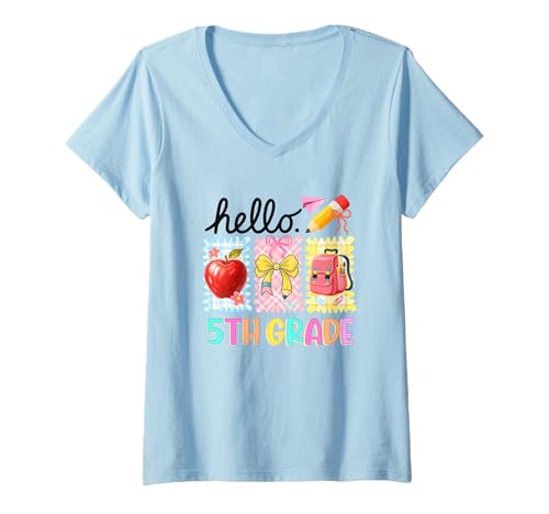 Damen Hello 5th Grade Apple Bow Rucksack Design T-Shirt mit V-Ausschnitt von Back To School Fifth Grade Apple Bow Backpack