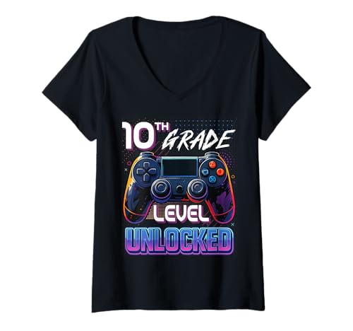 Damen First Day of 10th Grade Level Freigeschaltet Back to School T-Shirt mit V-Ausschnitt Damen First Day of 10th Grade Level Freigeschaltet Back to School T-Shirt mit V-Ausschnitt von Back To School First Day Of School Ideas