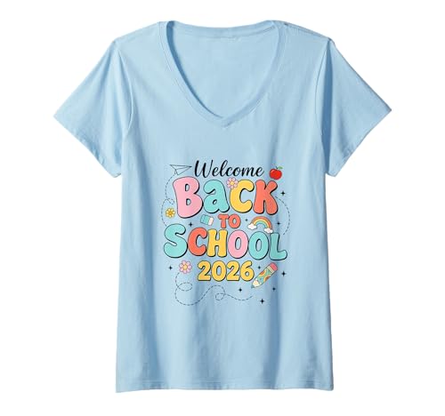 Damen Retro Groovy Welcome Back to School 2026 Lehrer Jungen Mädchen T-Shirt mit V-Ausschnitt Damen Retro Groovy Welcome Back to School 2026 Lehrer Jungen Mädchen T-Shirt mit V-Ausschnitt von Back To School First Day Of School Teacher Kid Tee