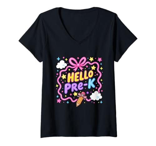 Damen Hello Pre K Vorschule Back to School Lehrer Jungen Kinder Mädchen T-Shirt mit V-Ausschnitt von Back To School First Day of Preschool Pre-K Kids