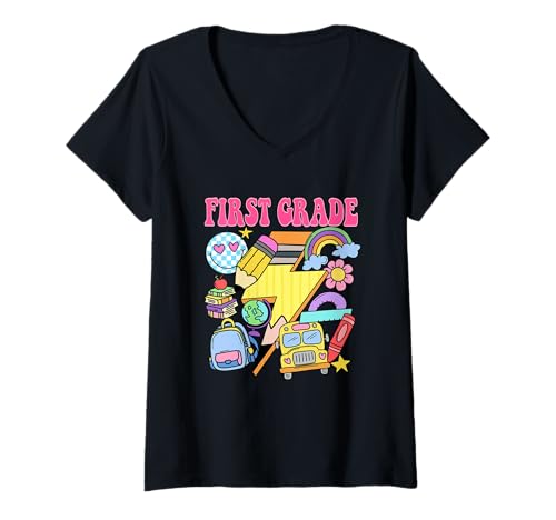 Damen First Grade Adventure School Bus Bleistift T-Shirt mit V-Ausschnitt Damen First Grade Adventure School Bus Bleistift T-Shirt mit V-Ausschnitt von Back To School First Grade Fun Design