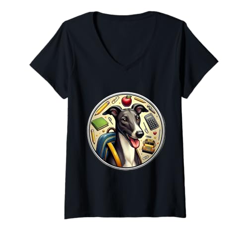 Damen Back To School Greyhound Hund Jungen Mädchen Besitzer Student Kinder T-Shirt mit V-Ausschnitt von Back To School Greyhound Dog Products