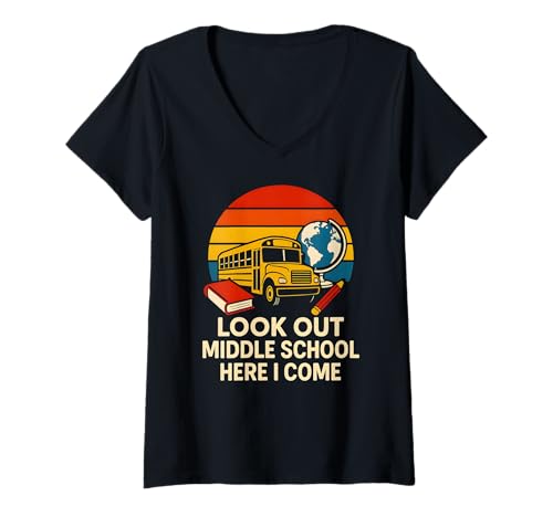 Damen Look Out Middle School Cool Kids Boys Back to School Bus T-Shirt mit V-Ausschnitt Damen Look Out Middle School Cool Kids Boys Back to School Bus T-Shirt mit V-Ausschnitt von Back To School Happy Middle School Outfit Apparel