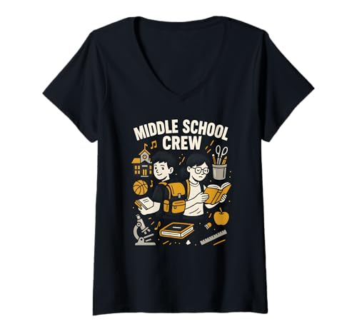 Damen Middle School Crew Cool für Kinder, für Jungen, Vintage-Stil, zurück zur Schule T-Shirt mit V-Ausschnitt von Back To School Happy Middle School Outfit Apparel