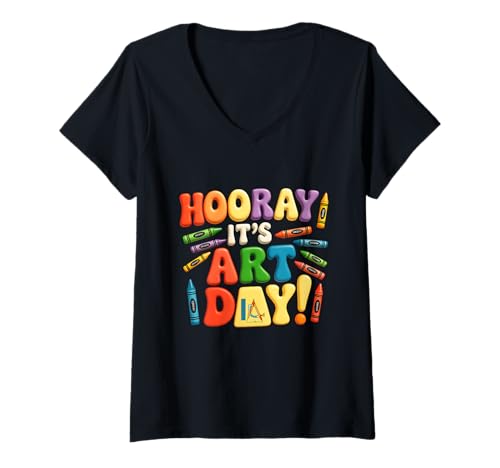 Damen Zurück in die Schule Hurra, es ist Kunsttag, Kunstlehrer, Künstler T-Shirt mit V-Ausschnitt von Back To School Hooray It's Art Day Art Teacher