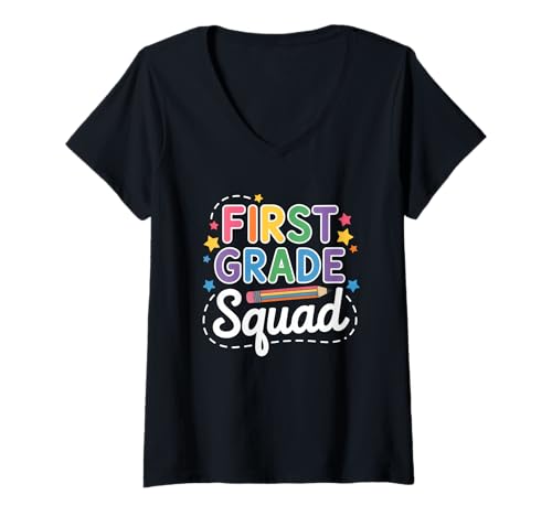 Damen Die Mannschaft der ersten Klasse ist Wieder in der Schule T-Shirt mit V-Ausschnitt von Back To School Humor First Graders