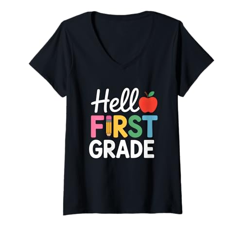 Damen Hallo Erste Klasse, zurück zur Schule T-Shirt mit V-Ausschnitt von Back To School Humor First Graders