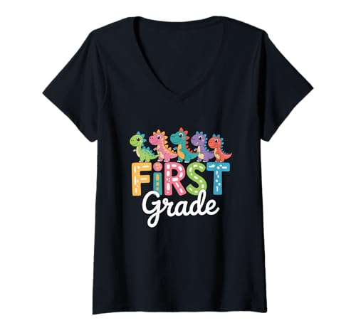 Damen Kawaii Dinosaurier First Grade Back to School T-Shirt mit V-Ausschnitt von Back To School Humor First Graders
