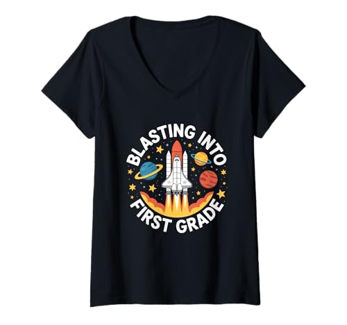 Damen Mit Hochdruck in die erste Klasse zurück zur Schule T-Shirt mit V-Ausschnitt von Back To School Humor First Graders