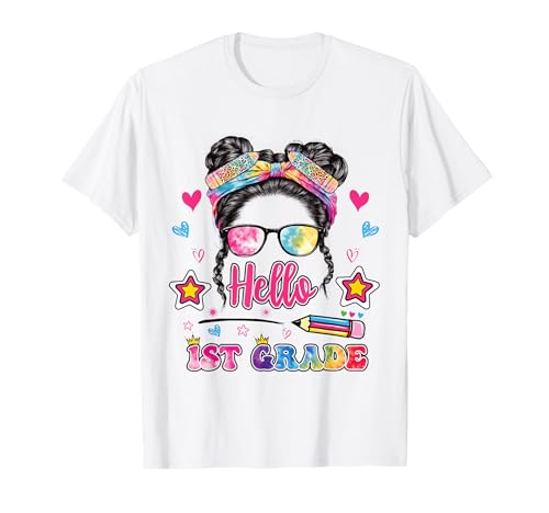 Hello 1st Grade Messy Bun Girls Tie Dye Back to School T-Shirt Hello 1st Grade Messy Bun Girls Tie Dye Back to School T-Shirt von Back To School Messy Bun Girls Tie Dye