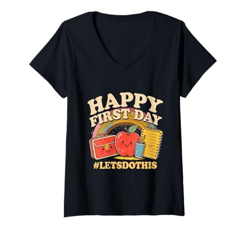 Damen Alles Gute zum ersten Tag, Lass Uns das tun. Willkommen zurück in der Schule, Lehrer T-Shirt mit V-Ausschnitt Damen Alles Gute zum ersten Tag, Lass Uns das tun. Willkommen zurück in der Schule, Lehrer T-Shirt mit V-Ausschnitt von Back To School Outfit