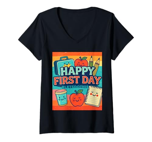 Damen Alles Gute zum ersten Tag, Lass Uns das tun. Willkommen zurück in der Schule, Lehrer T-Shirt mit V-Ausschnitt Damen Alles Gute zum ersten Tag, Lass Uns das tun. Willkommen zurück in der Schule, Lehrer T-Shirt mit V-Ausschnitt von Back To School Outfit