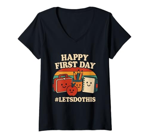 Damen Alles Gute zum ersten Tag, Lass Uns das tun. Willkommen zurück in der Schule, Lehrer T-Shirt mit V-Ausschnitt Damen Alles Gute zum ersten Tag, Lass Uns das tun. Willkommen zurück in der Schule, Lehrer T-Shirt mit V-Ausschnitt von Back To School Outfit
