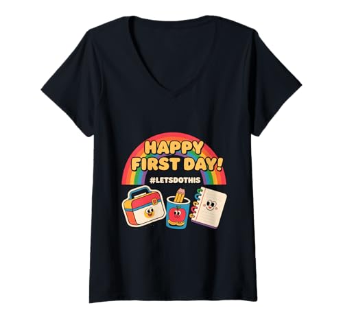 Damen Alles Gute zum ersten Tag, Lass Uns das tun. Willkommen zurück in der Schule, Lehrer T-Shirt mit V-Ausschnitt Damen Alles Gute zum ersten Tag, Lass Uns das tun. Willkommen zurück in der Schule, Lehrer T-Shirt mit V-Ausschnitt von Back To School Outfit