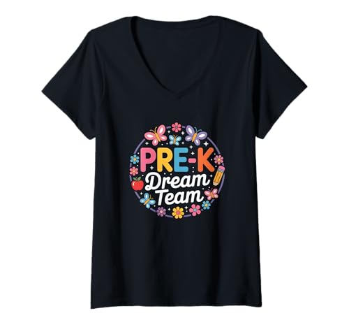 Damen Pre-K Dream Team Zurück zur Schule T-Shirt mit V-Ausschnitt von Back To School Pre-K Humor