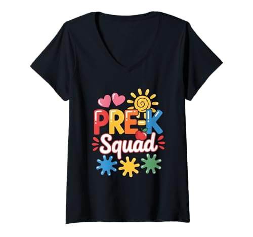 Damen Pre-K Squad Zurück zur Schule T-Shirt mit V-Ausschnitt von Back To School Pre-K Humor