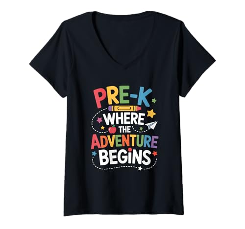 Damen Pre-K Wo das Abenteuer beginnt Zurück zur Schule T-Shirt mit V-Ausschnitt von Back To School Pre-K Humor