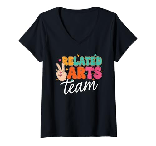 Damen Related Arts Team Retro Groovy Vintage Erster Schultag T-Shirt mit V-Ausschnitt Damen Related Arts Team Retro Groovy Vintage Erster Schultag T-Shirt mit V-Ausschnitt von Back To School Related Arts Team Apparel
