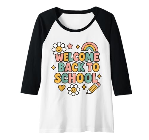 Damen Retro-Welcome Back to School Teacher Appreciation Kids Girls Raglan von Back To School Retro Teacher Student Daisy Rainbow