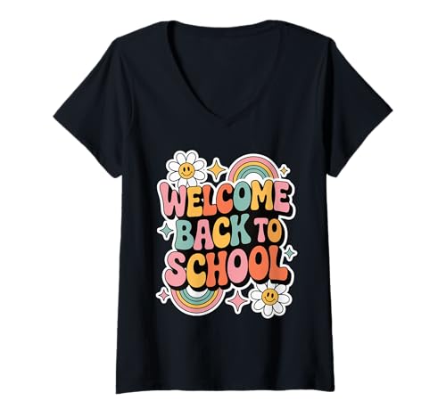 Damen Retro-Welcome Back to School Teacher Appreciation Kids Girls T-Shirt mit V-Ausschnitt von Back To School Retro Teacher Student Daisy Rainbow