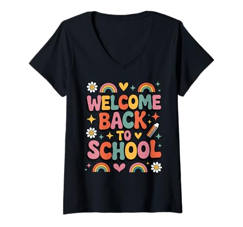 Damen Retro-Welcome Back to School Teacher Appreciation Kids Girls T-Shirt mit V-Ausschnitt von Back To School Retro Teacher Student Daisy Rainbow
