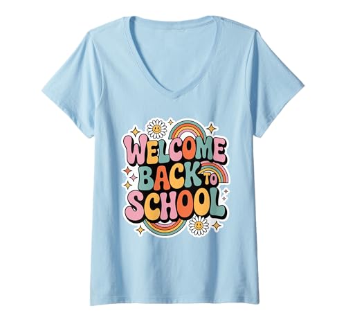 Damen Retro-Welcome Back to School Teacher Appreciation Kids Girls T-Shirt mit V-Ausschnitt von Back To School Retro Teacher Student Daisy Rainbow