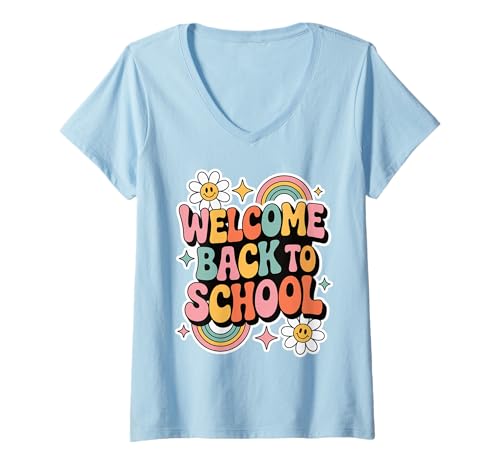 Damen Retro-Welcome Back to School Teacher Appreciation Kids Girls T-Shirt mit V-Ausschnitt von Back To School Retro Teacher Student Daisy Rainbow
