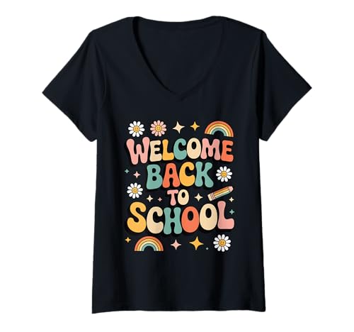Damen Retro-Welcome Back to School Teacher Appreciation für Jungen und Mädchen T-Shirt mit V-Ausschnitt von Back To School Retro Teacher Student Daisy Rainbow