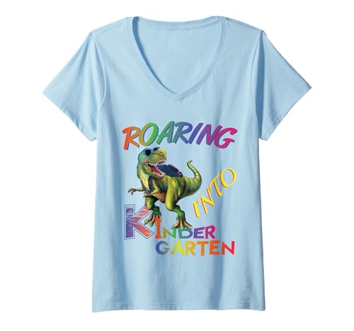 Damen Roaring into Kindergarten Dinosaur Kids Day Back to School T-Shirt mit V-Ausschnitt von Back To School Shirts,Dinosaur Kindergarten Shirt