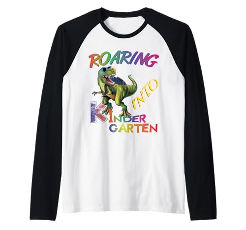 Roaring into Kindergarten Dinosaur Kids Day Back to School Raglan von Back To School Shirts,Dinosaur Kindergarten Shirt