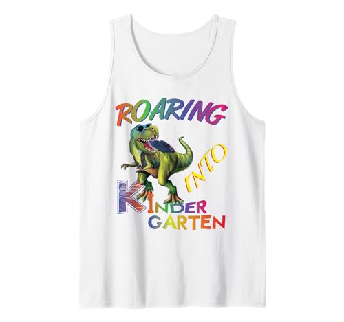 Roaring into Kindergarten Dinosaur Kids Day Back to School Tank Top von Back To School Shirts,Dinosaur Kindergarten Shirt
