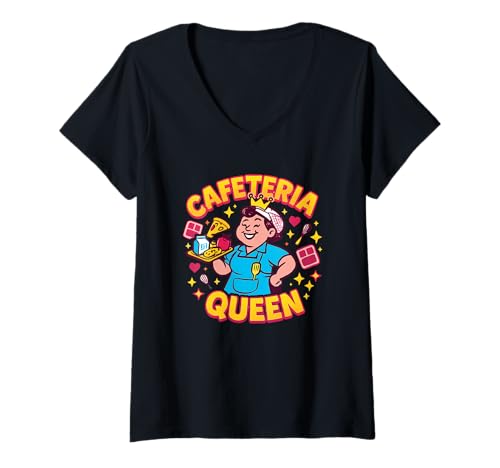 Damen Cafeteria Queen Lustiges Schulküchen-Cafeteria-Personal T-Shirt mit V-Ausschnitt von Back To School Shirts By HustlaGirl