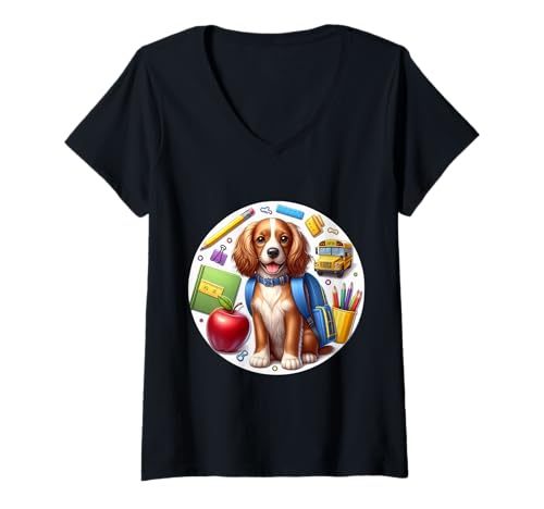 Damen Zurück zur Schule Sussex Spaniel Hund Jungen Mädchen Schüler Kinder T-Shirt mit V-Ausschnitt von Back To School Sussex Spaniel Dog Products