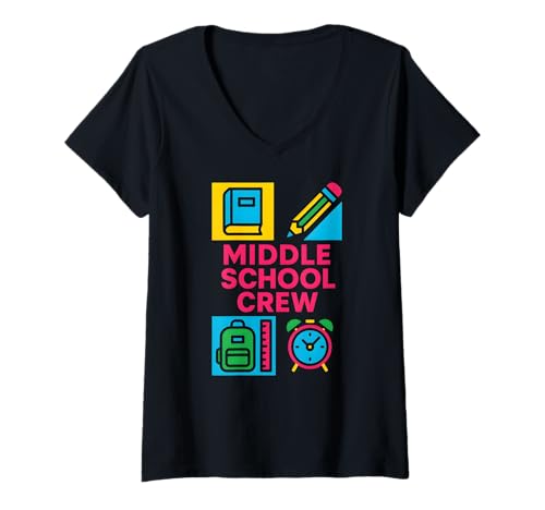 Damen Back To School Middle School Crew, niedlicher erster Tag für Frauen T-Shirt mit V-Ausschnitt Damen Back To School Middle School Crew, niedlicher erster Tag für Frauen T-Shirt mit V-Ausschnitt von Back To School Teacher Must Haves Happy Outfits