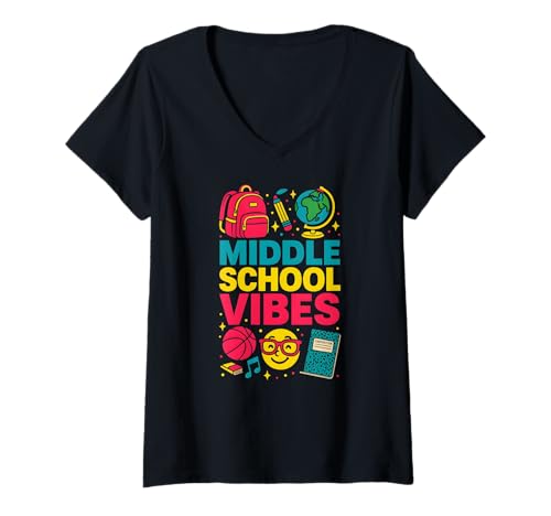 Damen Back to School Middle School Vibes Der erste Tag einer süßen Frau T-Shirt mit V-Ausschnitt von Back To School Teacher Must Haves Happy Outfits