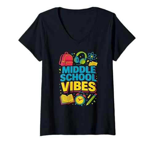 Damen Back to School Middle School Vibes Der erste Tag einer süßen Frau T-Shirt mit V-Ausschnitt von Back To School Teacher Must Haves Happy Outfits