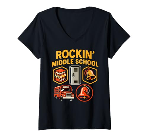 Damen Teacher Rockin Middle School Süße Damen, zurück zur Schule T-Shirt mit V-Ausschnitt von Back To School Teacher Must Haves Happy Outfits