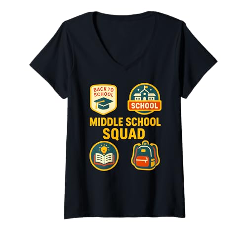 Damen Zurück zur Schule, Mittelschulmannschaft, süße Lehrerin T-Shirt mit V-Ausschnitt Damen Zurück zur Schule, Mittelschulmannschaft, süße Lehrerin T-Shirt mit V-Ausschnitt von Back To School Teacher Must Haves Happy Outfits
