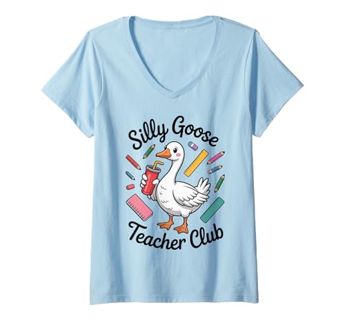 Damen Silly Goose Lehrerclub T-Shirt mit V-Ausschnitt Damen Silly Goose Lehrerclub T-Shirt mit V-Ausschnitt von Back To School Teacher